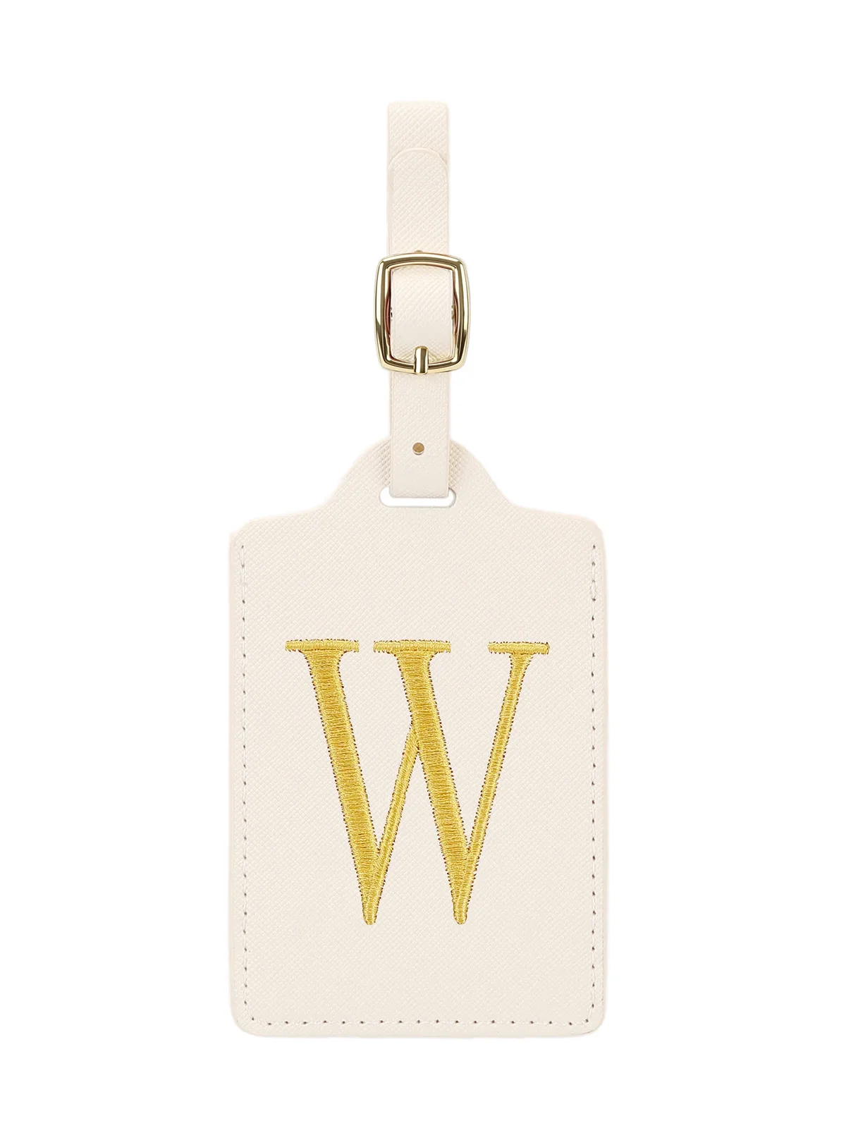 étiquette bagage polyester lettre dorée cuir blanc rectangulaire identification voyage unisexe alphabet fixation anneau métallique