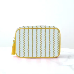 grand sac à cosmétiques portable rayé pour femmes, sac de maquillage à pompon avec fermeture éclair, pochette de rangement de grande capacité