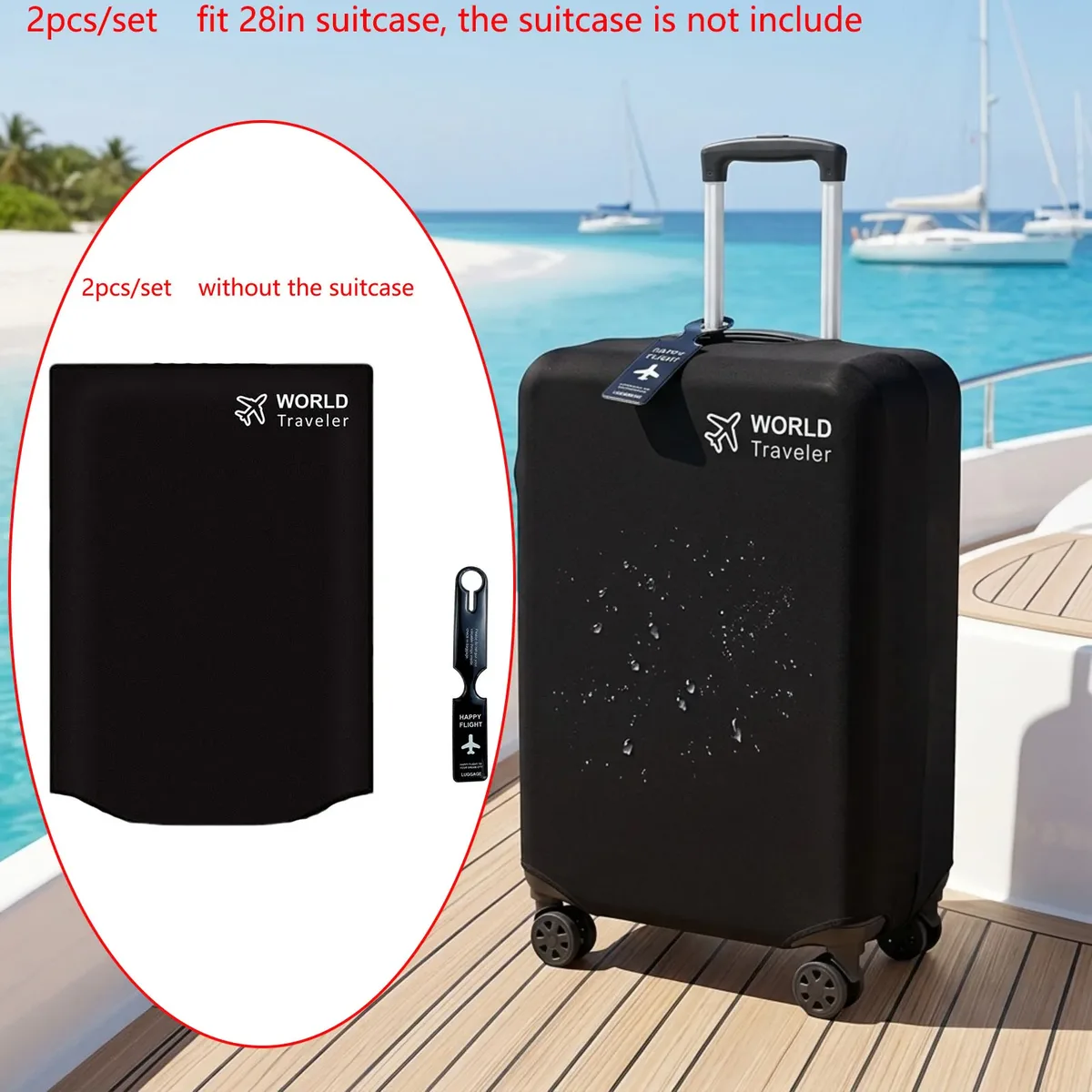 housse valise protection tissu non tissé noire logo avion étiquette bagage texte happy flight identification voyage