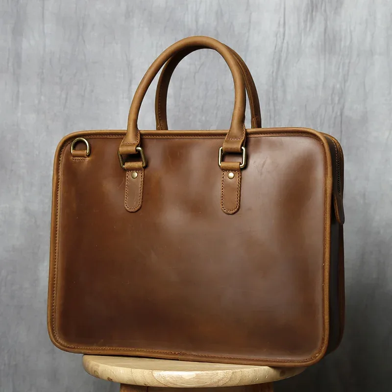 nzpj rétro hommes porte-documents en cuir pochette d'ordinateur couche supérieure en peau de vache sac à main décontracté 14 pouces sac à bandoulière d'affaires sac de messager