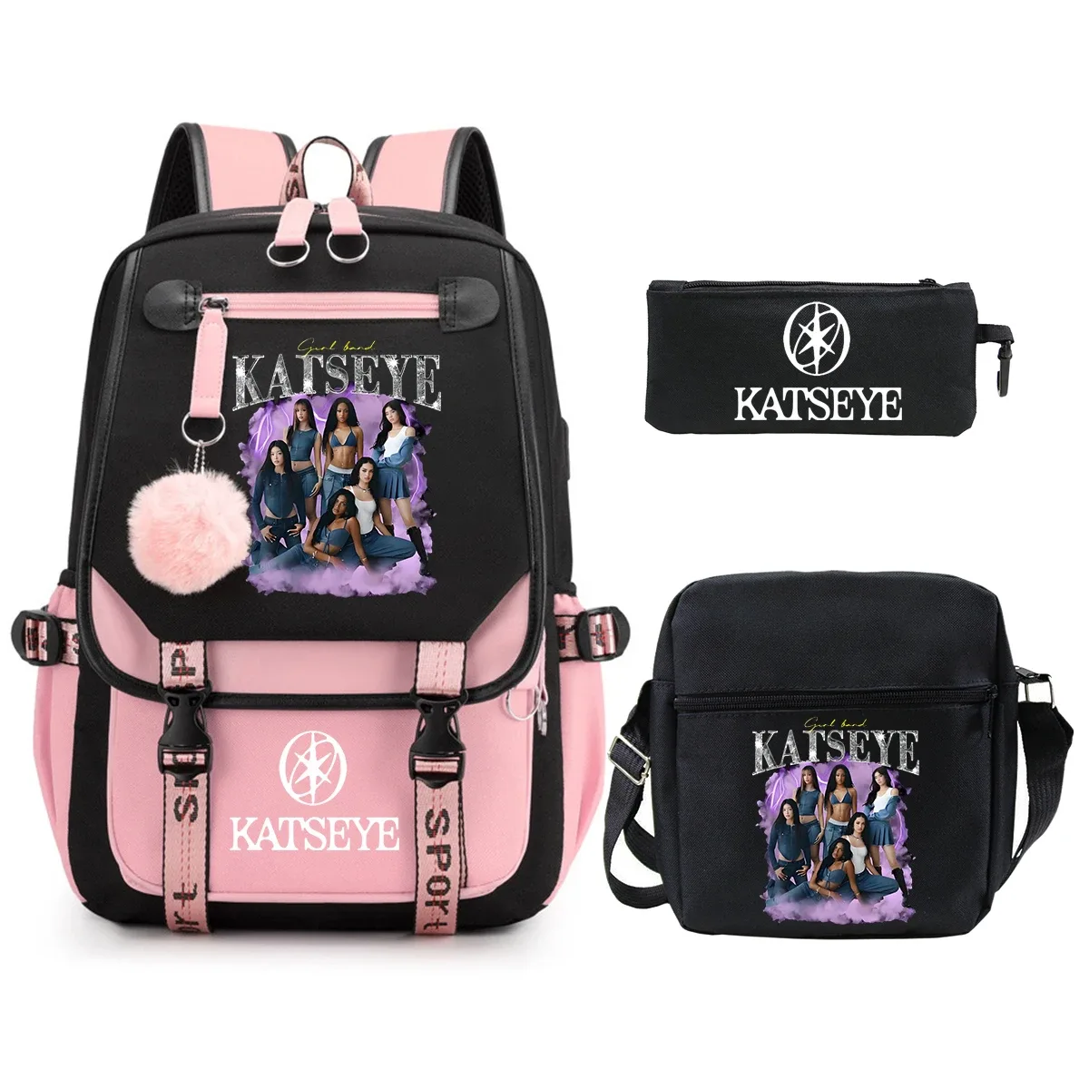 sac dos toile noire rose pastel groupe féminin dessin animé pochette bandoulière poches ouvertes courbe physiologique dos décontracté voyager étudiant scolaire ordinateur portable