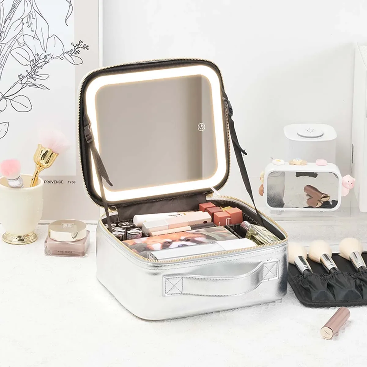 trousse toilette maquillage boîte miroir led rose compartiments noirs voyage grande capacité casual vintage