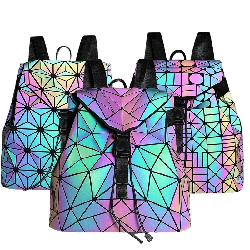 sac à dos lumineux tendance pour femmes, sac à dos pliable à cordon de serrage, sac à dos à paillettes triangulaires avec bande réfléchissante, sac pour étudiantes
