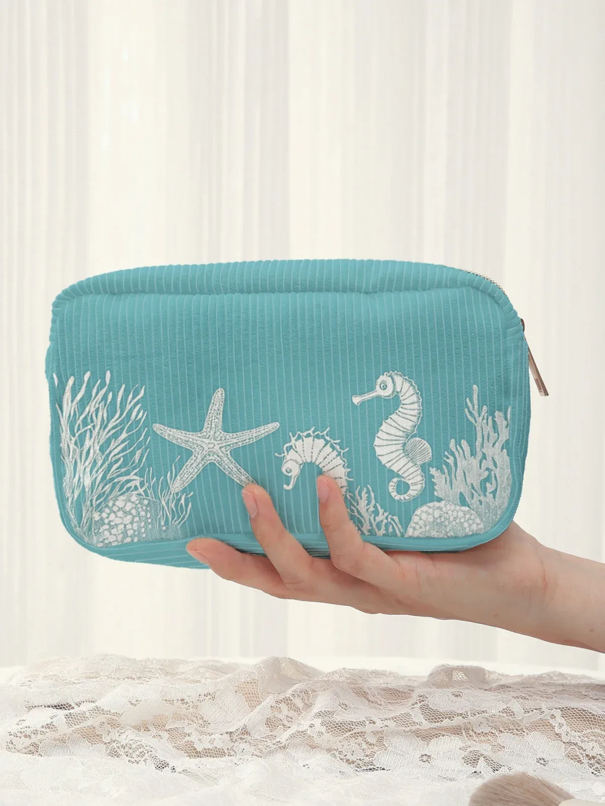 trousse de maquillage à motif vue sur la mer sous l'eau, grande capacité, trousse de toilette de voyage, sac de rangement pour maquillage femme