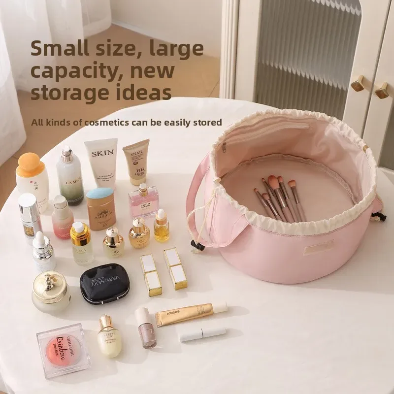 sac de maquillage portable grande capacité avec cordon de serrage, trousse de toilette de voyage, sac de rangement pour pinceaux cosmétiques tendance, en polyester, forme cubique