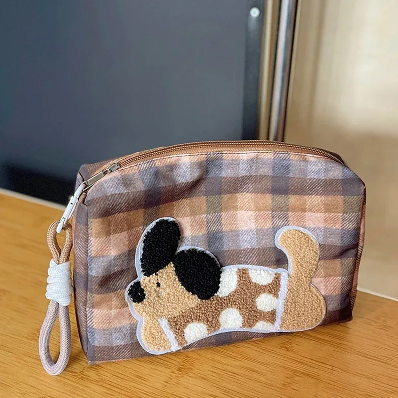 adorables sacs à cosmétiques à carreaux imprimés de chien avec lanière ; organisateur de produits de beauté portables de capacité maximale, cadeaux