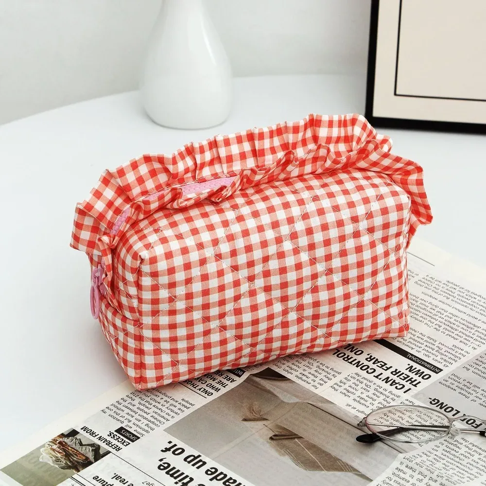 trousse de maquillage portable, design matelassé, motif à carreaux, sac de rangement pour pinceaux de maquillage, multifonctionnel avec fermeture éclair, trousse de toilette de voyage