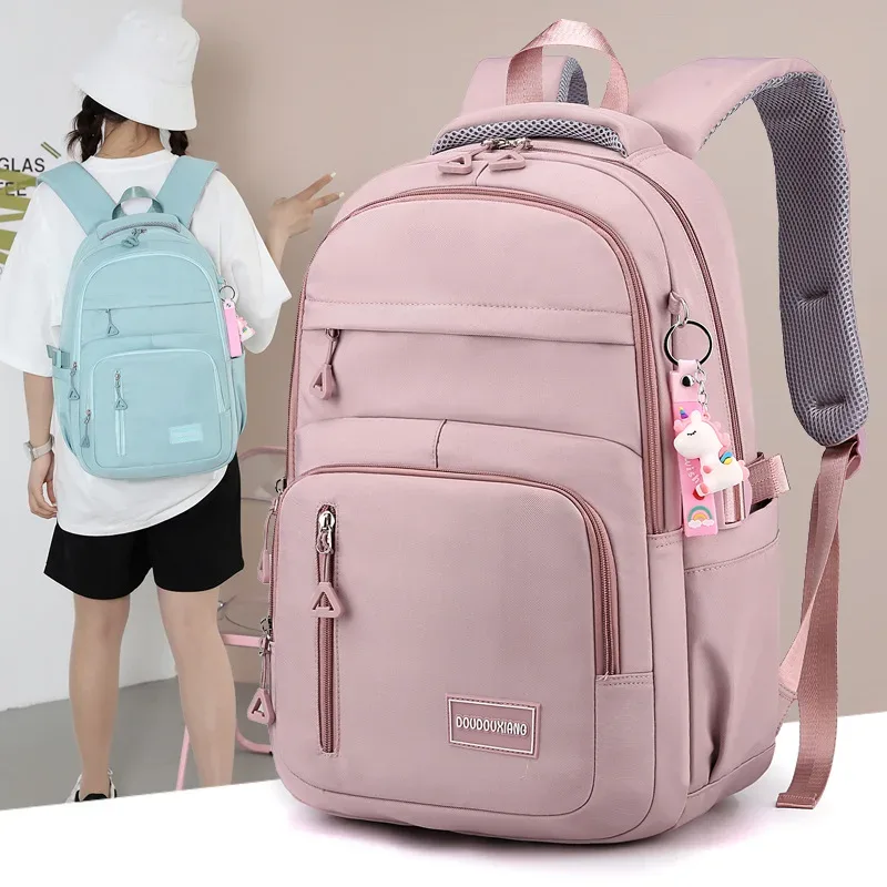 sac à dos d'école en nylon avec pendentif pour fille, cartable de voyage, multi-poches, imperméable, décontracté, style simple, pour adolescent