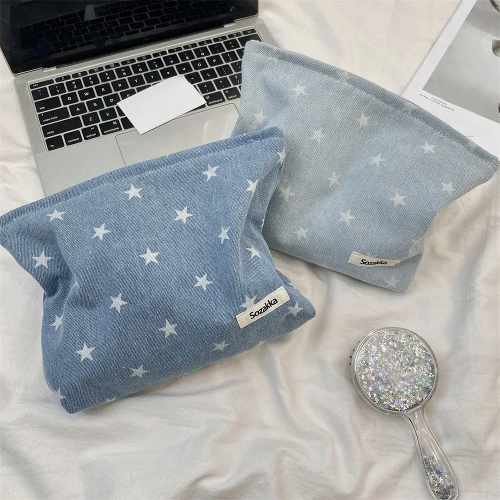 style coréen grand nœud étoiles imprimer maquillage stockage étui à fermeture éclair produits de soins de la peau sacs de rangement de cosmétiques sac de maquillage de voyage