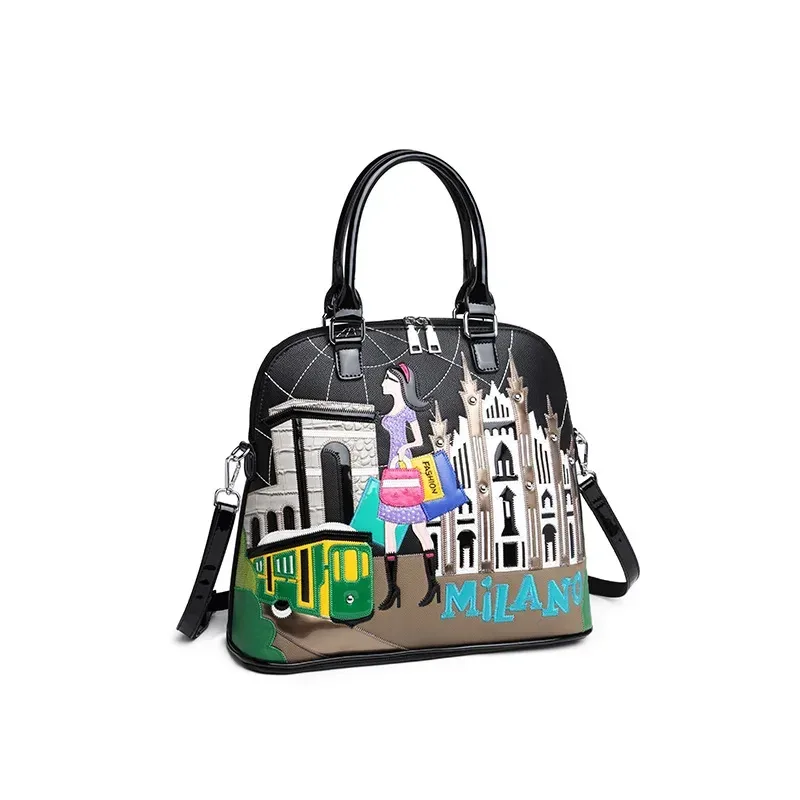 sac à dos en cuir avec broderie patchwork pour femme, cartable preppy, sac d'étudiant, sac de voyage, fourre-tout, style braccialini, dessin animé milan