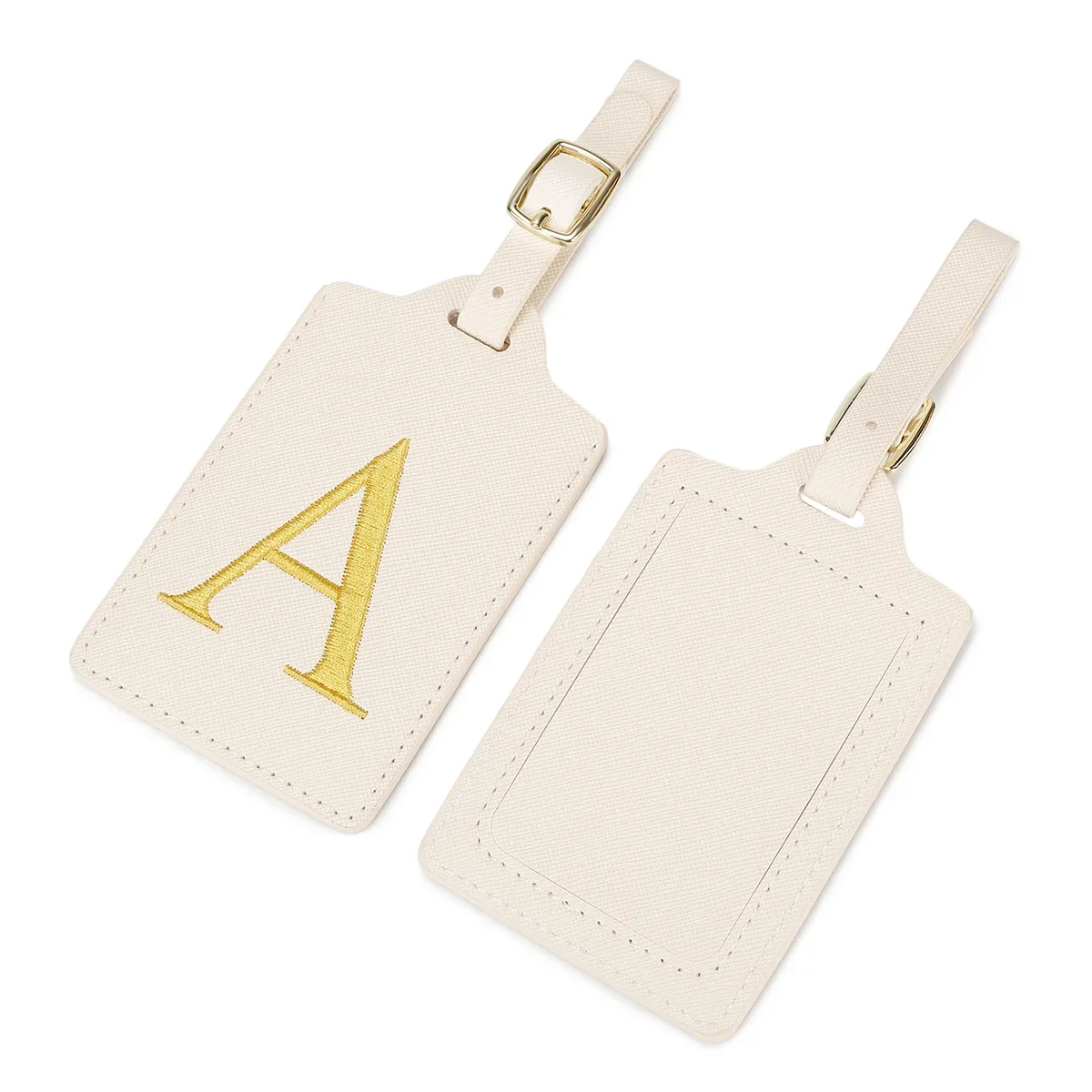 étiquette bagage polyester lettre dorée cuir blanc rectangulaire identification voyage unisexe alphabet fixation anneau métallique