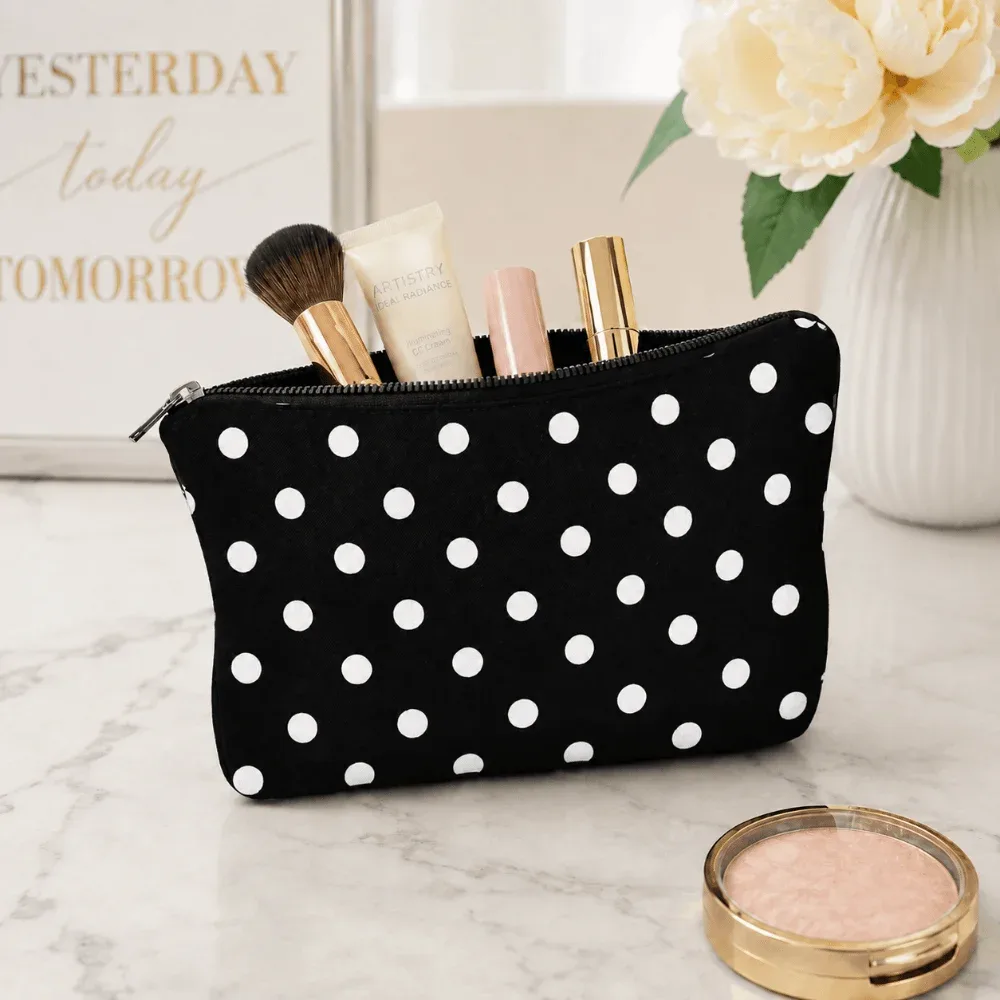 pochette de maquillage chic à pois en polyester, trousse de toilette portable avec fermeture éclair