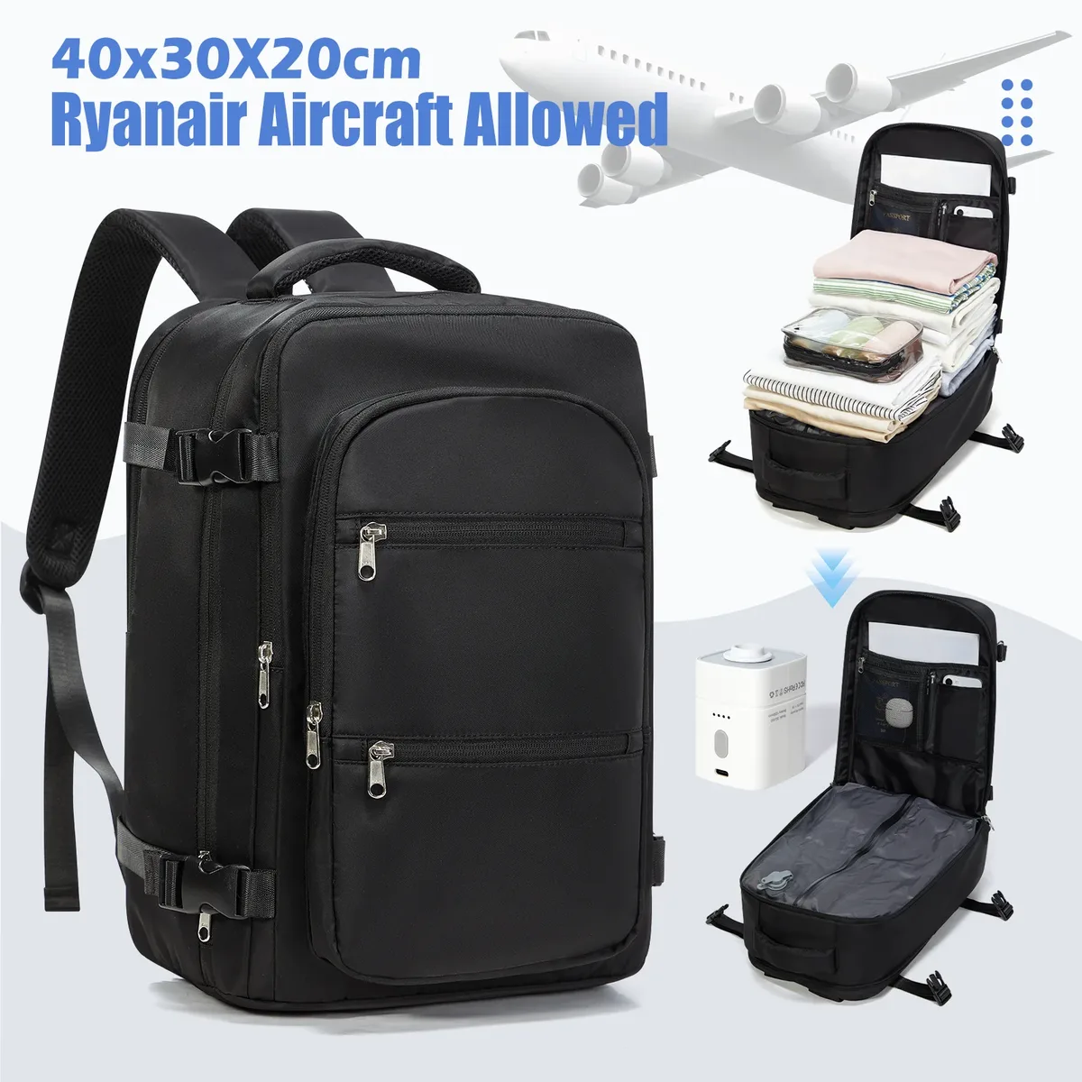 Sac Dos Nylon Noir Compact Compression Compartiment Ordonné Poche Ordinateur Portable Ceinture Coussin Air Usage Voyage