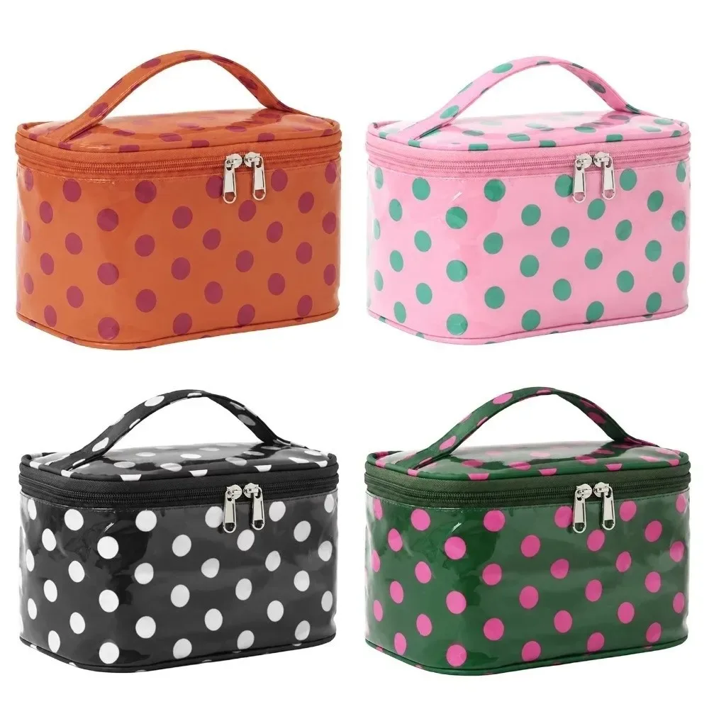 sac de maquillage en pvc à pois, sac cosmétique imperméable en pvc, grande capacité avec poignée, organisateur de maquillage.