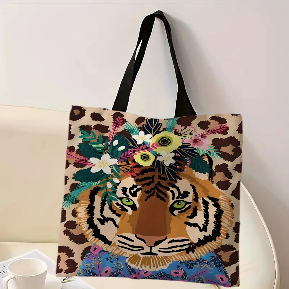 sac fourre-tout avec illustration d'un tigre portant une couronne sur un fond imprimé léopard, parfait pour le shopping, 1 pièce