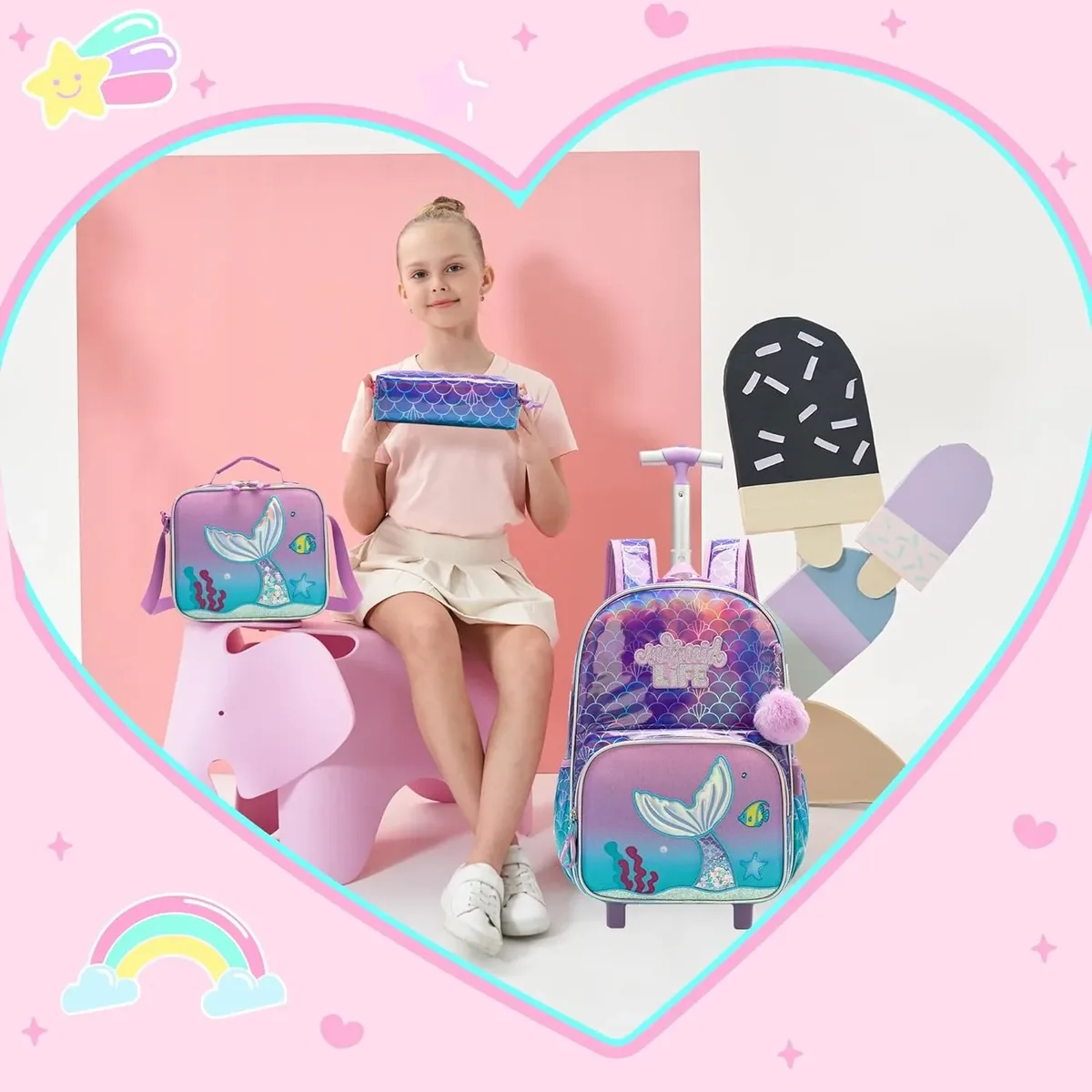 sac dos polyester dessin animé rose bleu queue sirène poissons ordinateur compartiments roues silencieuses école enfants