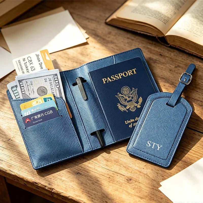 porte-passeport de luxe simple en cuir pu avec logo personnalisé, étiquette de bagage, accessoires de voyage essentiels, cadeau de mariage