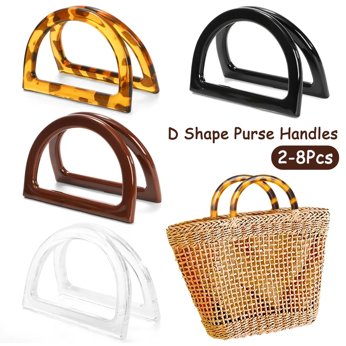 poignées de sac à main en forme de d, 2 à 8 pièces, poignées de remplacement pour sac au crochet fait à la main, sac de paille de plage d'été, accessoires de bricolage