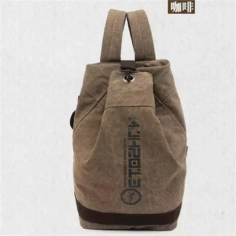 sac dos toile beige bandes marron imprimé lettres noires ouverture large format trapézoïdal capacité litres usage voyage