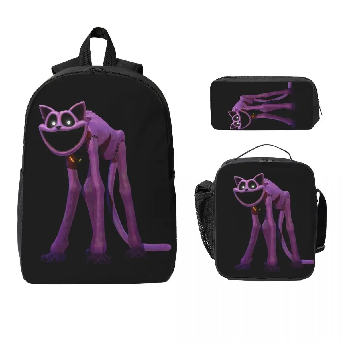 sac dos polyester noir chat violet sourire forme rectangulaire poignées latérales usage étudiant voyage