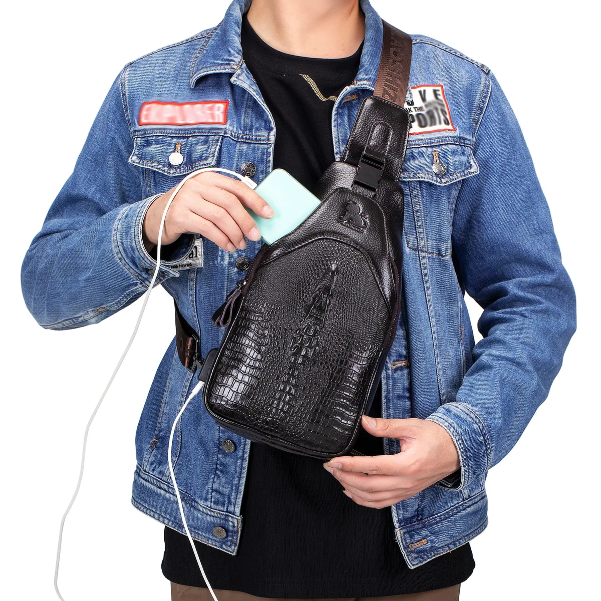 sac de poitrine en cuir pour hommes, sac à bandoulière, sac multifonctionnel à motif crocodile avec sac à bandoulière de chargement usb
