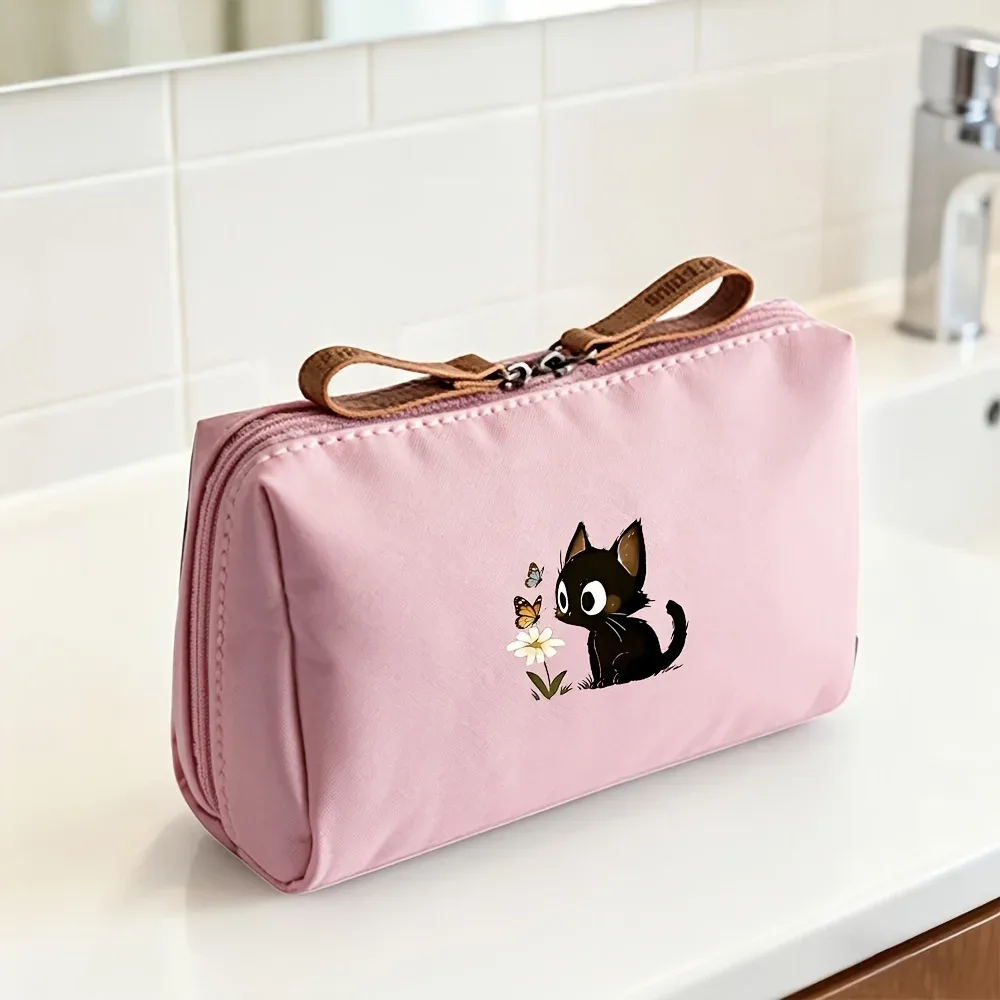 trousse de maquillage portable 2026 chat mignon couleur unie, pochette cosmétique de voyage, organisateur de rangement quotidien pour femme