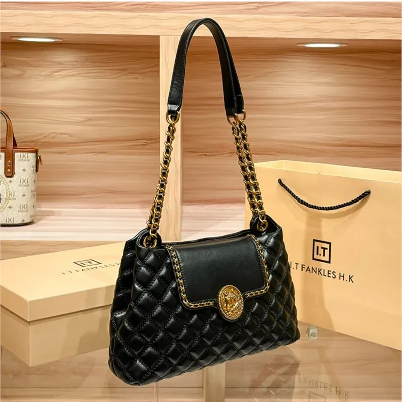 sac à chaîne en cuir véritable de marque pour femme 2025, nouveau design de créateur avec un sens du luxe, sac à bandoulière grande capacité à porter sous le bras
