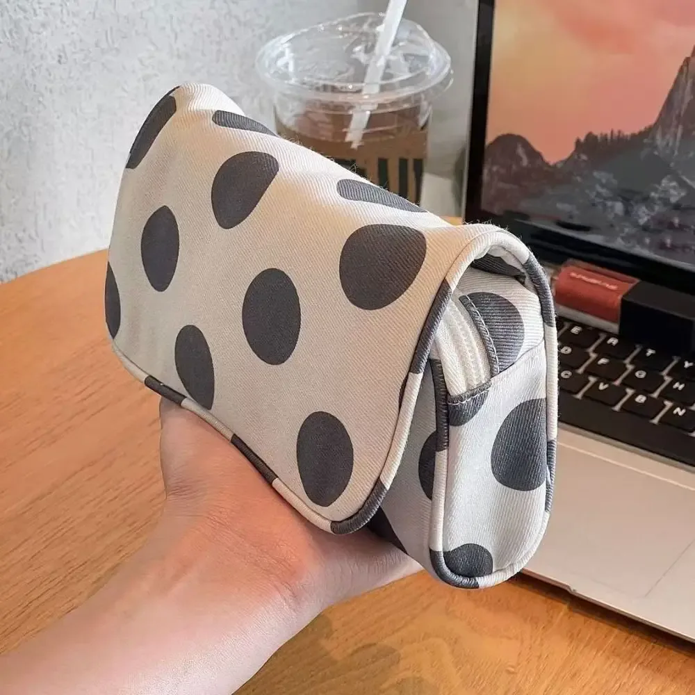 sac à cosmétiques portable en toile à pois, grande capacité avec miroir de maquillage, sac de rangement pour bijoux, sac simple à rayures pour petits articles