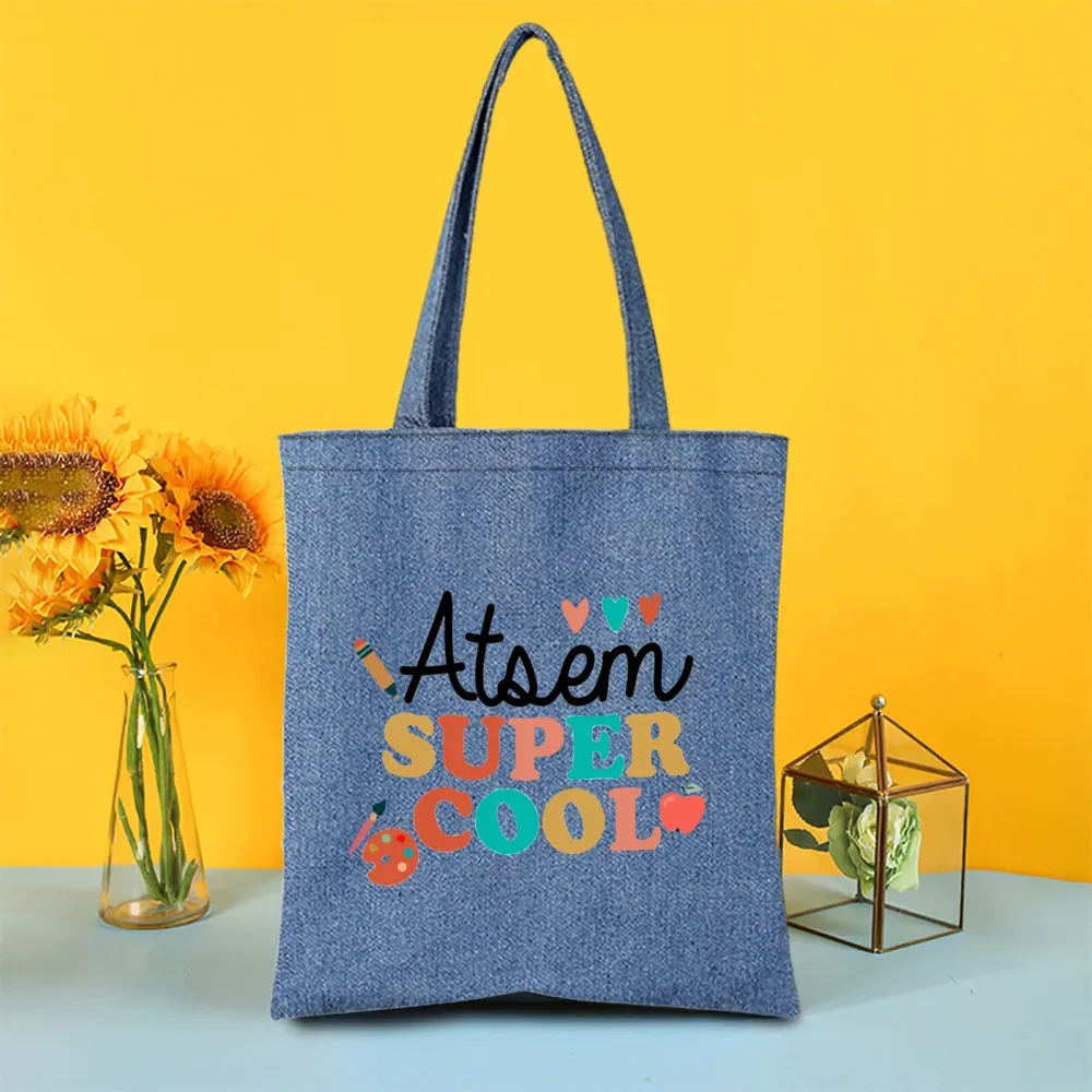 sac fourre-tout en jean imprimé super atsem maitresse, sacs de shopping pour femme, sacs de voyage, cadeau de remerciement pour la fête des enseignants et les diplômés