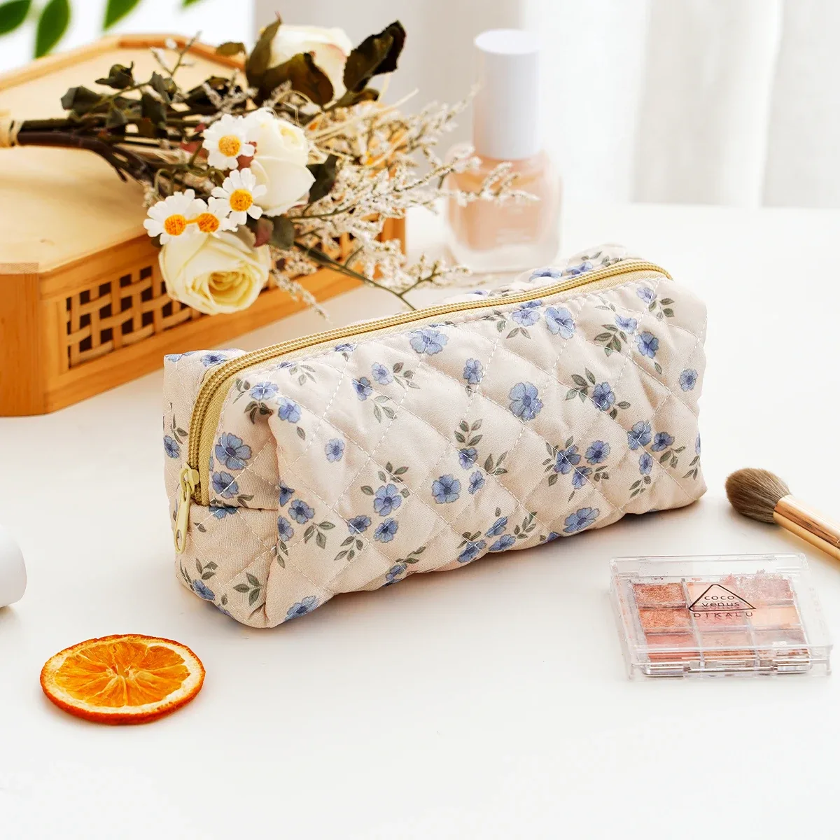 elinfant 1 sac de rangement matelassé imprimé floral, grande trousse de maquillage de voyage esthétique