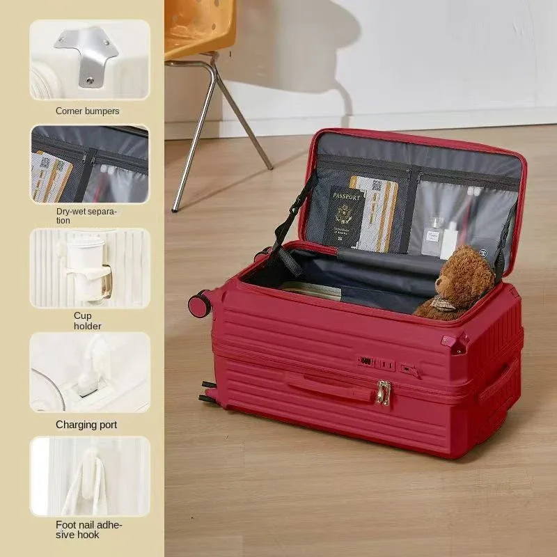 valise à ouverture latérale avec porte-gobelet usb, valise épaisse et durable, grande capacité, valises de voyage 36 pouces, 20/26/30/32 pouces