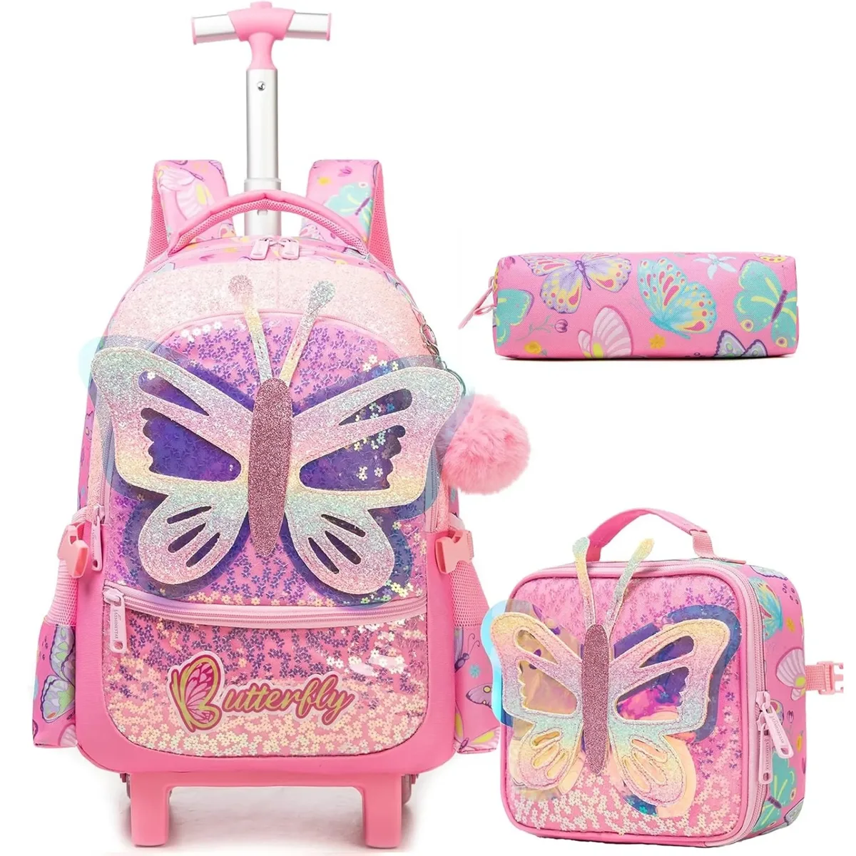Sac à dos à roulettes pour enfants, sac à dos pour filles, sac de voyage à roulettes, sacs à roulettes pour l'école avec boîte à lunch isotherme
