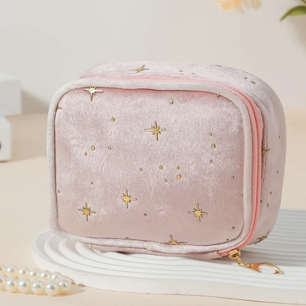 nouvelle trousse de maquillage scintillante en velours 2026, grande capacité, pochette multi-usages avec fermeture éclair dorée pour maquillage et monnaie, 4 couleurs