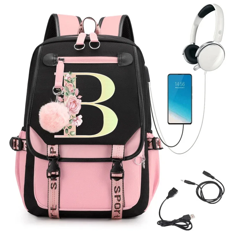sac à dos rose graphique or imprimé lettre fleur a-z alphabet épaule sac adolescente mode fille sac à dos lycée sacs à dos