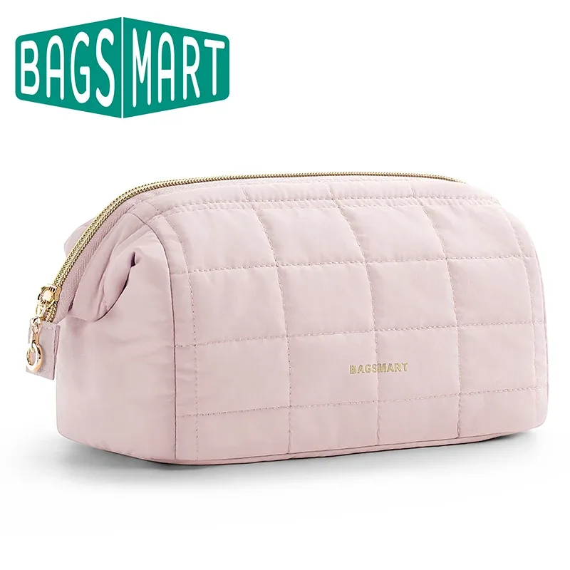trousse toilette cosmétique taslan rose motif coutures quadrillées rectangulaire glissière dorée voyage femmes maquillage