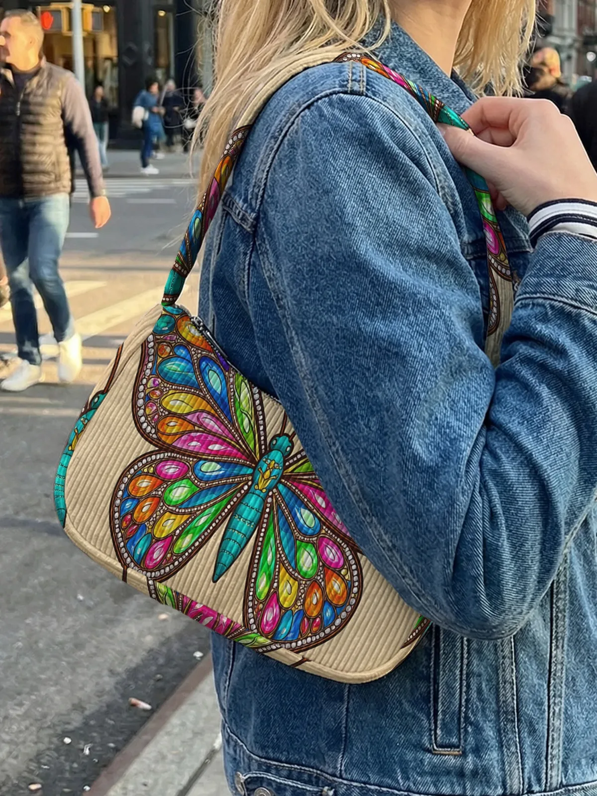 sac à bandoulière tendance à imprimé papillon coloré, sac sous le bras en velours côtelé beige pour un usage quotidien décontracté