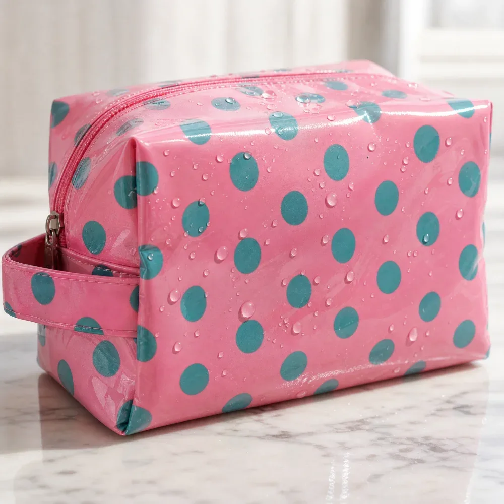 trousse cosmétique pvc imperméable pois bleus fond rose pâle compacte voyage maquillage toile oxford