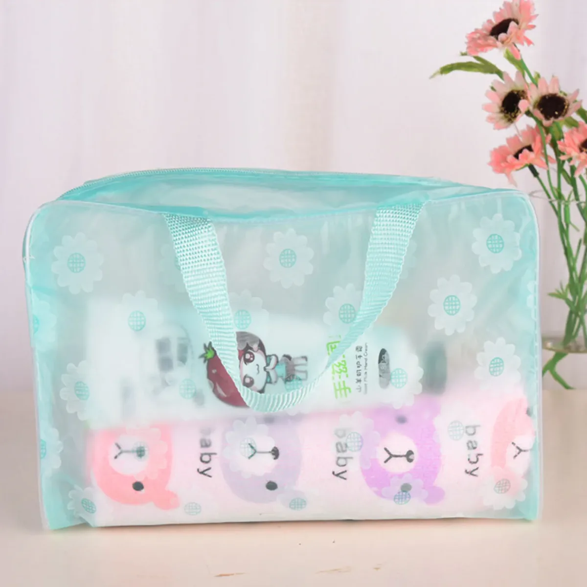 sac à cosmétiques transparent à fleurs imperméable, organisateur de toilette de voyage, pochette de rangement de maquillage en pvc avec poignée pour femmes 20x9x16cm