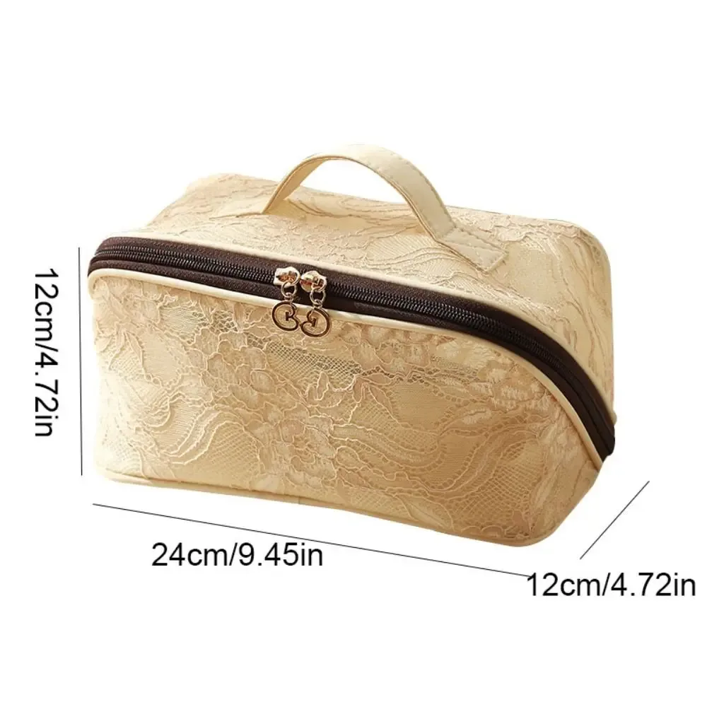 trousse de maquillage élégante en dentelle couleur unie grande capacité avec poignée sac de rangement cosmétique respirant trousse de toilette florale plage