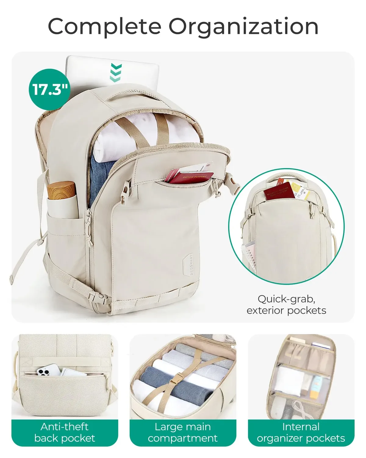 sac dos pvc beige gris vert compression ventilation anti thieves voyage sport ecole shopping