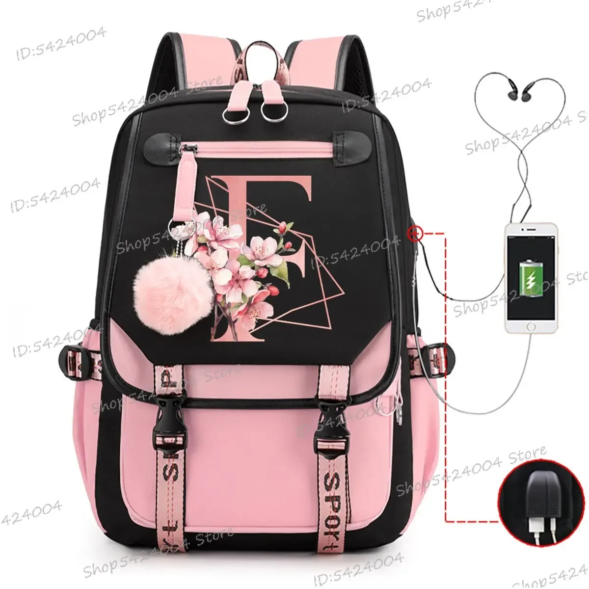 sac dos nylon unisexe rose noir lettre initiale motifs floral personnages voyage adolescents toile interne ordinateur poche fentes compartiments