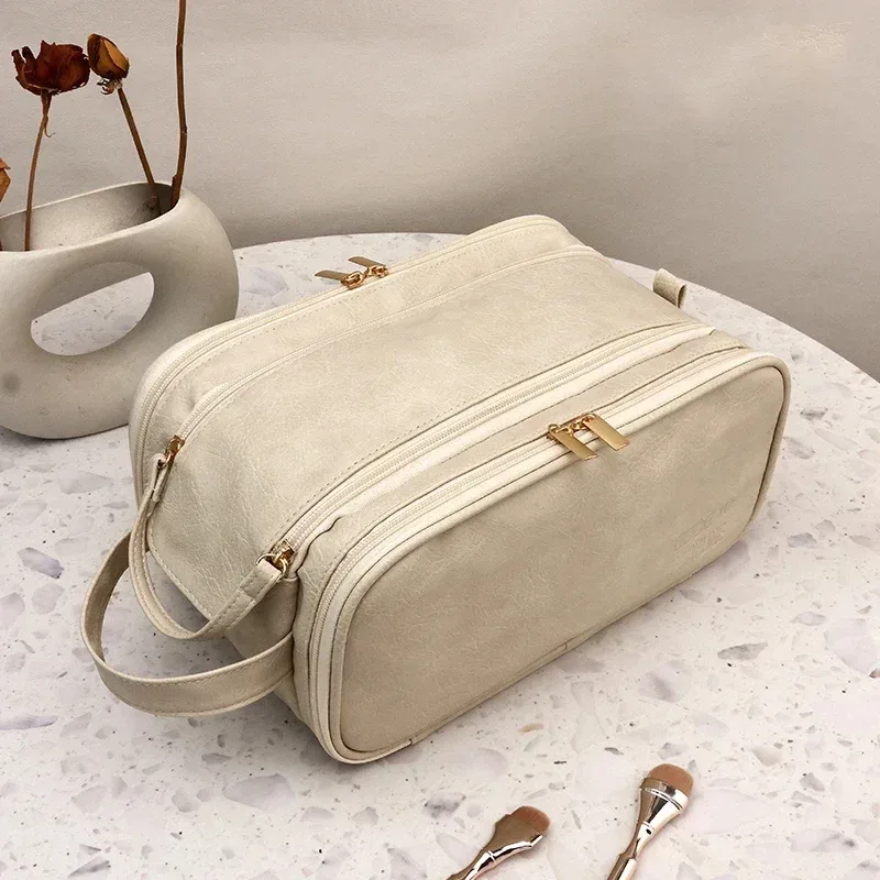 trousse de maquillage multifonctionnelle pour femme, cuir pu, grande capacité, portable, double fermeture éclair, voyage, brosse à maquillage, rangement d'articles de toilette