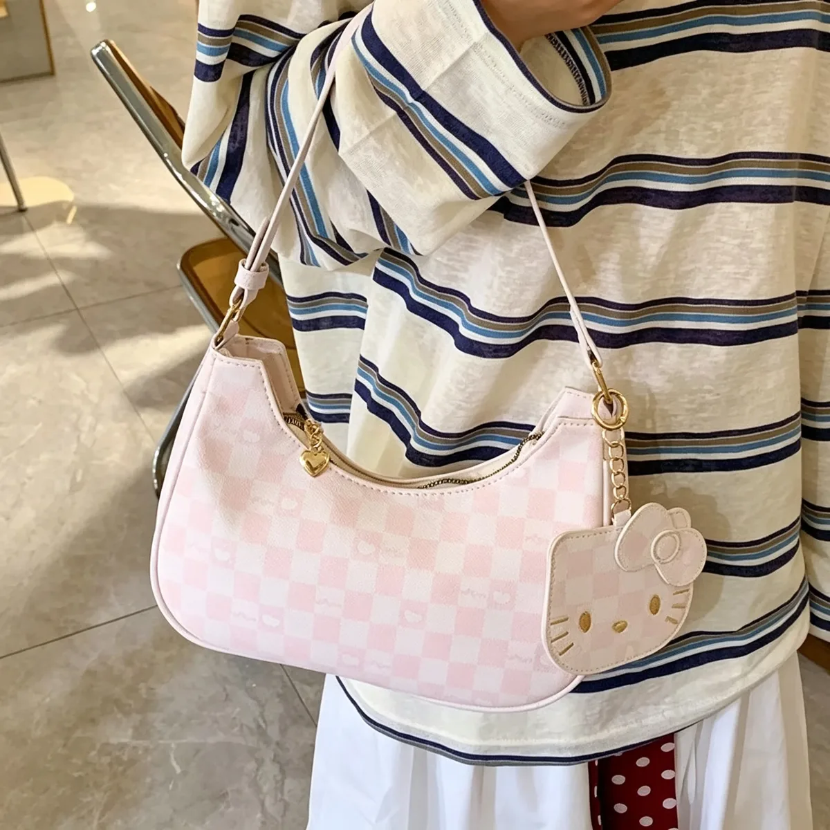 sac à main pour femmes y2k, mignon, à porter sous le bras ou à l'épaule, motif à carreaux, en cuir pu, sac hobo avec pendentif de dessin animé, sac à main quotidien tendance pour filles.