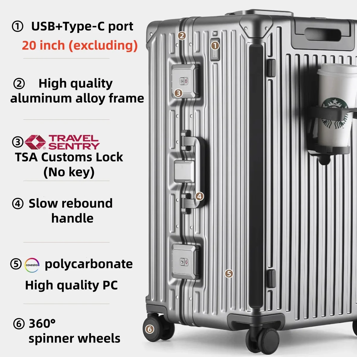 valise de luxe de haute qualité, mise à niveau, matériau pc épais, bagages roulants, cadre en aluminium, sacs de chariot de voyage 20/24/26/28/30 pouces