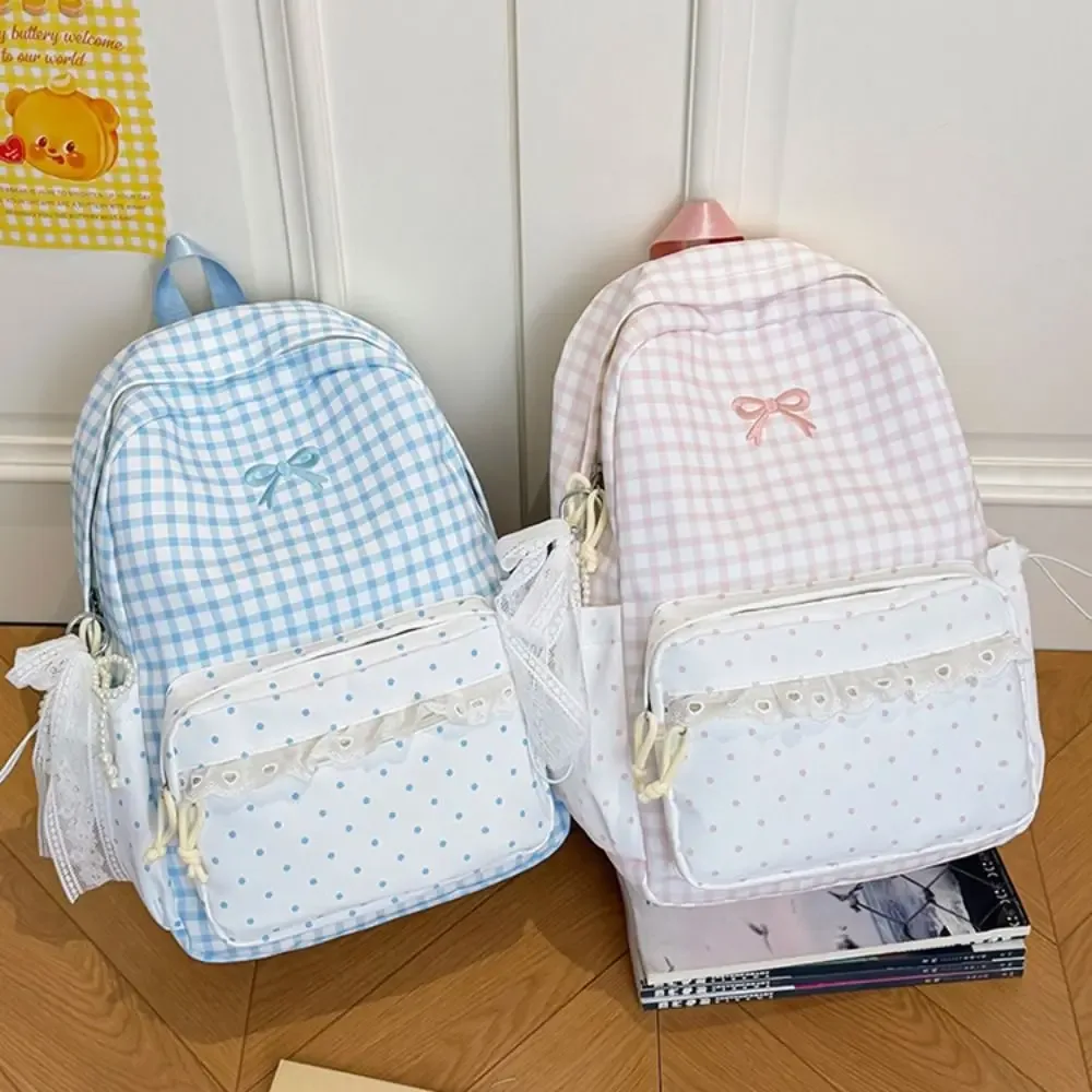 sac à dos mignon à pois avec nœud, design minimaliste, grande capacité, garniture en dentelle, pour les trajets quotidiens