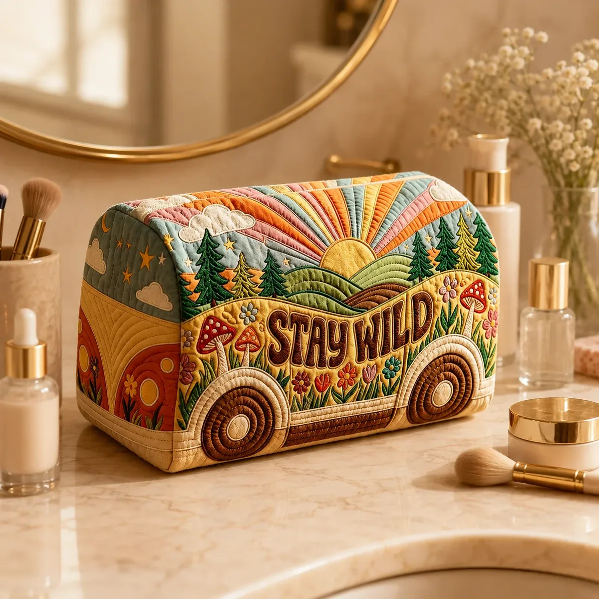trousse de maquillage vintage imprimée, texture matelassée, pochette de maquillage rétro, organisateur de toilette de voyage van forest, étui de rangement à fermeture éclair pour femmes