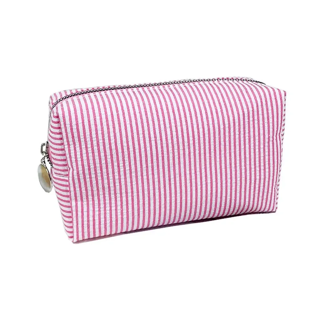 trousse de maquillage rayée en tissu seersucker doux, fermeture éclair, pochette cosmétique grande capacité, trousse à crayons multi-usages, usage quotidien
