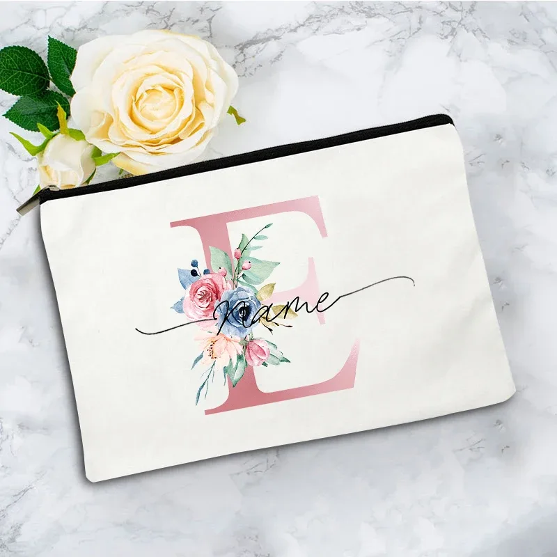 trousse de maquillage personnalisée rose à motifs floraux avec initiale, pochette cosmétique en toile personnalisée, organisateur de voyage pour articles de toilette pour femmes