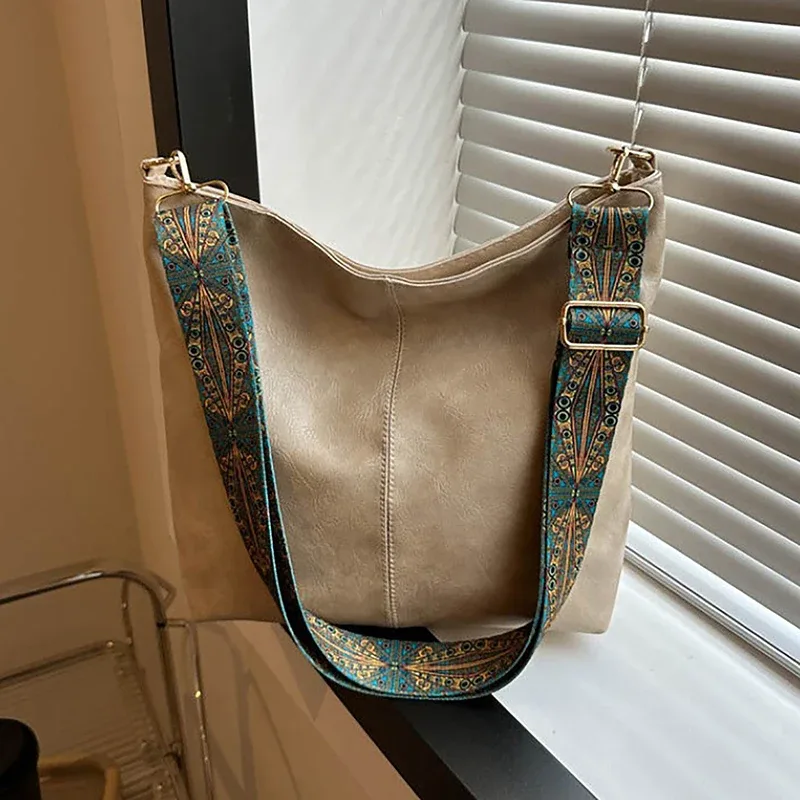 sac à bandoulière en cuir pu pour femmes, vintage, couleur unie, mode, grande capacité, simple, réglable, large sangle, sacs seau