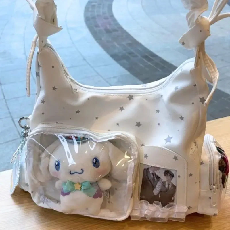 sac à bandoulière plissé à volants avec fenêtre transparente, motif étoile, pour cartes photo d'idols kpop, sac décontracté